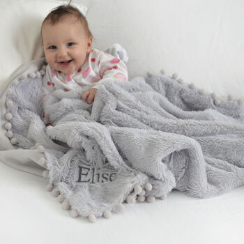 Personalised Grey Fluffy Pom Pom Baby Blanket, 2 of 9