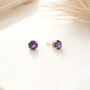 Solid 9ct Yellow Gold February Amethyst Birthstone Stud Earrings, thumbnail 4 of 10