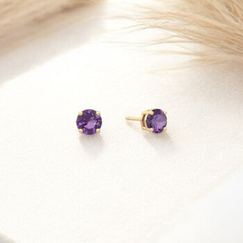 Solid 9ct Yellow Gold February Amethyst Birthstone Stud Earrings, 4 of 10