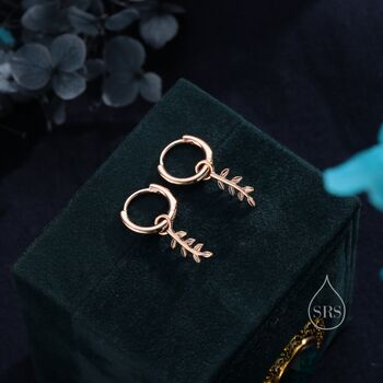 Delicate Leaf Charm Huggie Hoop Earrings, 6 of 10