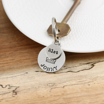 Personalised With Name 21st Birthday Gift Cake Motif Pewter Keyring, 4 of 5