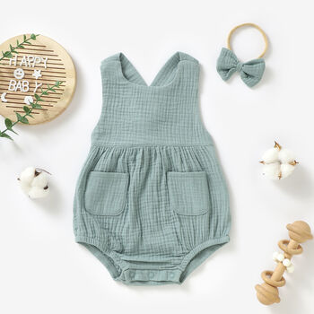 Organic Cotton Muslin Baby Romper And Headband Set, 5 of 6