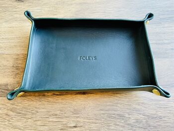Personalised Rectangle Racing Green Leather Desk Tray, 2 of 12