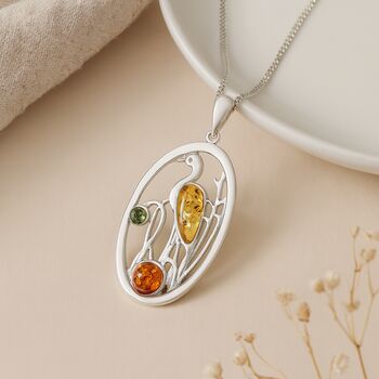 Personalised Silver Heron Pendant With Baltic Amber, 2 of 8
