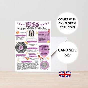 60th Birthday Card With 1966 Coin And Envelope Choose Your Colour, 3 of 3