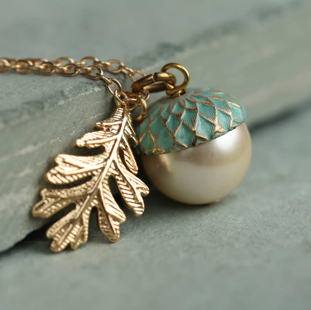 Gold Verdigris Pearl Acorn Necklace, 1 of 10