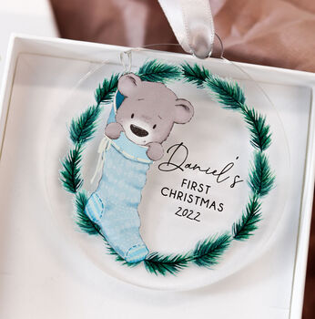 Personalised Baby Boy First Christmas Teddy Bear Bauble, 7 of 9