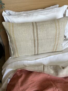 Oblong, Natural, Hemp, Neutral, Woven, Grain Sack, Striped Cushion With Cotton Reverse Trio Of Ochre And Brown Stripes Brown Middle, 4 of 5