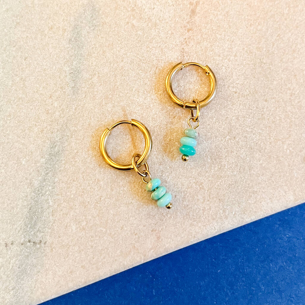 Amazonite Bead Huggie Hoop Earrings, 1 of 2