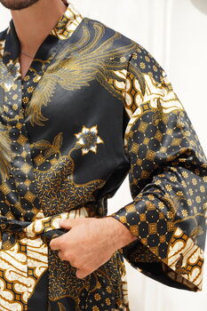 Black Unisex Batik Silk Blend Kimono Robe Jacket, 5 of 10