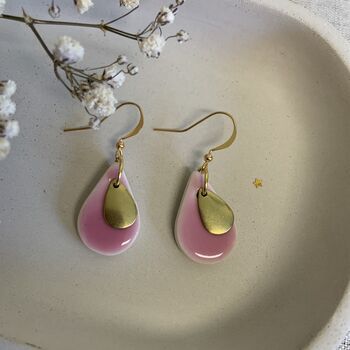 Bright Pink Ceramic Teardrop Earrings Gold Plated, 2 of 6