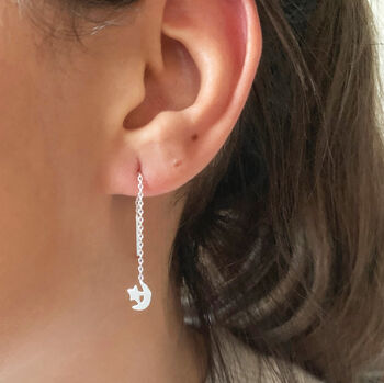 Silver Star And Moon Pull Through Threader Earrings, 2 of 8