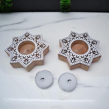Wooden Star Tea Light Candle Holder, Set Of Two, 3 of 4