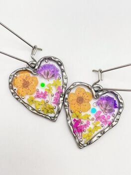 Heart Dangle Earrings With Pastel Flowers In Silver Or Gold, 3 of 11