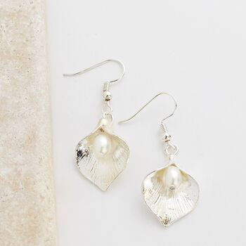 Lilly Shaped Pearl Drop Earrings, 4 of 6