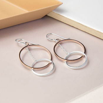 Sterling Silver Rose Gold Circles Dangly Earrings, 3 of 4