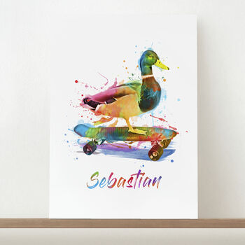 Personalised Watercolour Duck Skateboarding Print, 4 of 12