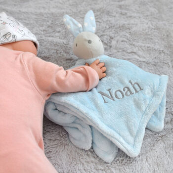 Personalised Blue Bunny Comforter And Blue Blanket Set, 4 of 9