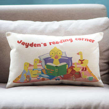 Reading Corner Duck Illustration Personalised Cushion, 3 of 7