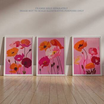 Set Three Wall Art Prints Poppy Flowers Pink Orange, 6 of 7