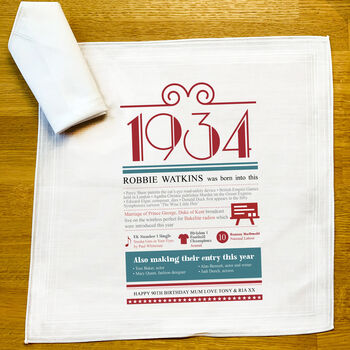 Personalised 90th Birthday Gift 1934 Handkerchief Pair, 7 of 7