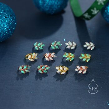 Sterling Silver Green Opal Leaf Huggie Hoop Earrings, 9 of 10