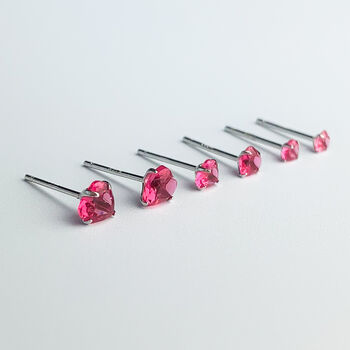 Sterling Silver Hot Pink Crystal Heart Stud Earrings, 2 of 5