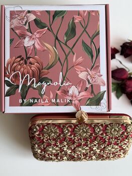 Delhi Knot Clasp Dark Red Silk Clutch | Bridal Gift |, 3 of 7