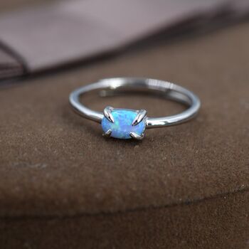 Sterling Silver Clawed Blue Opal Oval Ring, 5 of 12