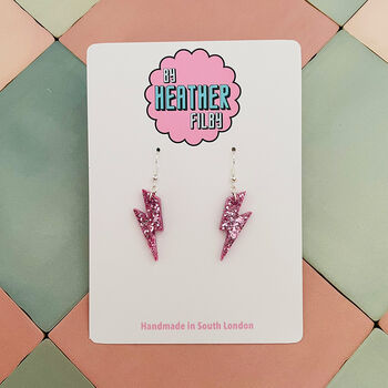 Pink Glitter Lightning Bolt Earrings Small And Large, 7 of 11