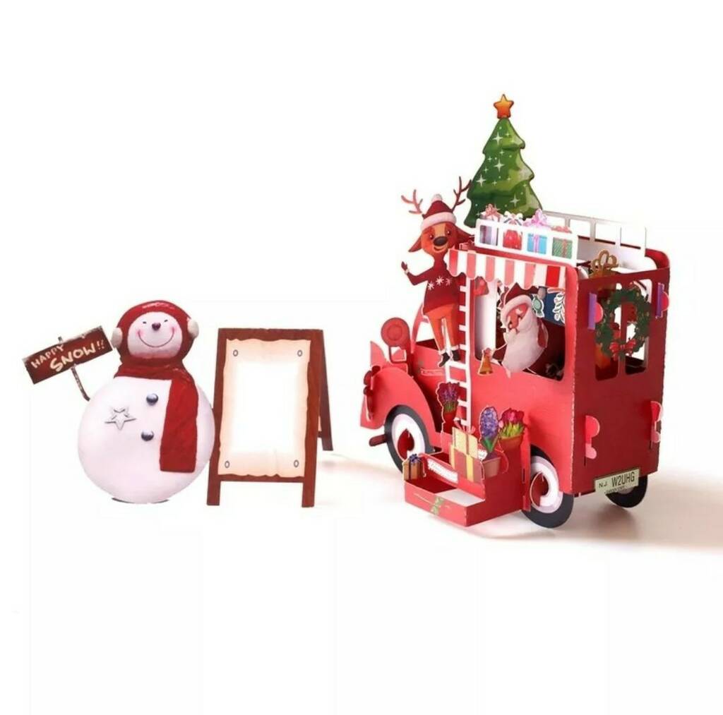 Pop Up 3D Christmas Card Santa Van And Snowman, 1 of 5