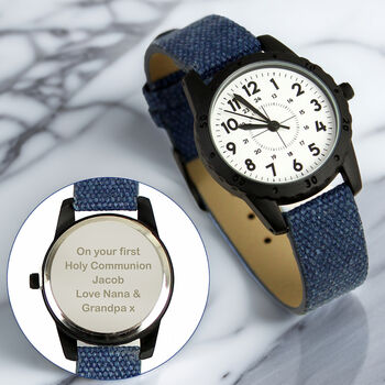 Personalised Black With Blue Canvas Strap Boys Watch, 3 of 8