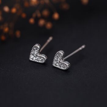 Sterling Silver Cubic Zirconia Heart Stud Earrings, 3 of 9