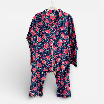 Navy And Pink Block Print Floral 100% Cotton Ladies Pyjamas, 4 of 4