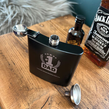 Personalised No.One Dad Engraved Black Metal Hip Flask 6oz, 2 of 7