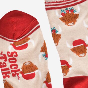 Women's Bamboo Socks Cream Red Christmas Highland Cow, 4 of 5