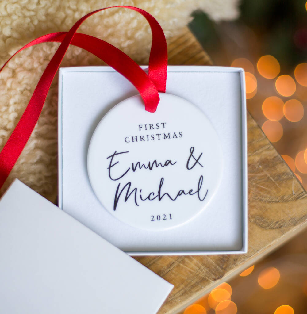 First Christmas Couple Names Personalised Decoration, 1 of 3