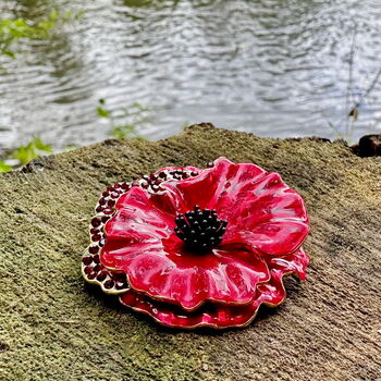 Poppy Red Flower Brooch With Siam Rhinestones, 14k Gold Plated, 2 of 6