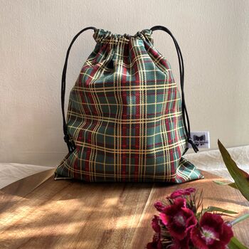 Checked Green Drawstring Gift Pouch Bag, 2 of 7
