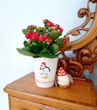 Christmas Puffin Plant Pot. Personalised Flowerpot, 3 of 5