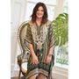 Bohemian Floral Border Viscose Kaftan In Green With Heavy Cream Fishbone Embroidery, thumbnail 3 of 4