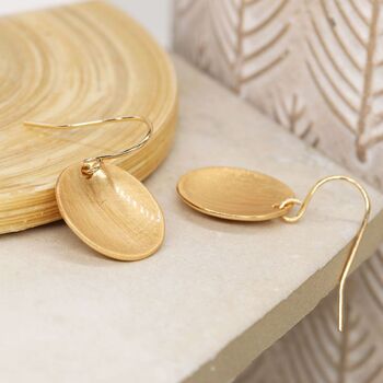 Golden Scratched Concave Disc Drop Earrings, 2 of 3