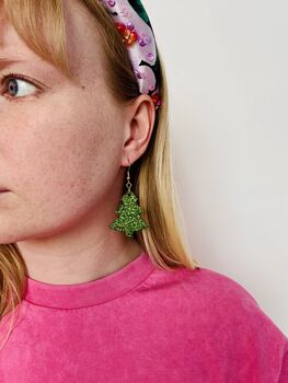 Large Light Green Glitter Christmas Tree Earrings / Festive Jewellery / Christmas Gift, 5 of 5