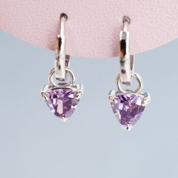 Sterling Silver Amethyst Purple Trillion Cut Cz Hoop Earrings, 4 of 12