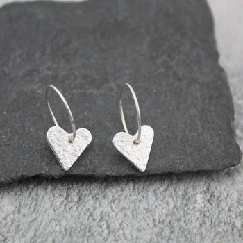 Sterling Silver Textured Heart Charm Hoops, 7 of 10