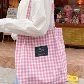 Black Checkered Pastel Cotton Large Tote Bags, 2 of 9