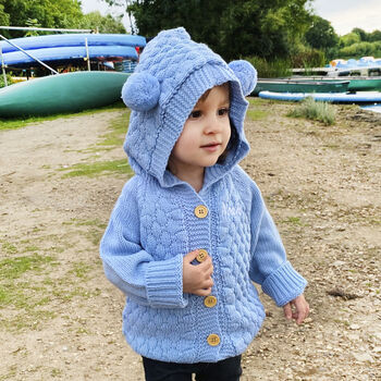 Personalised Blue Knitted Bobble Hooded Cardigan, 5 of 9