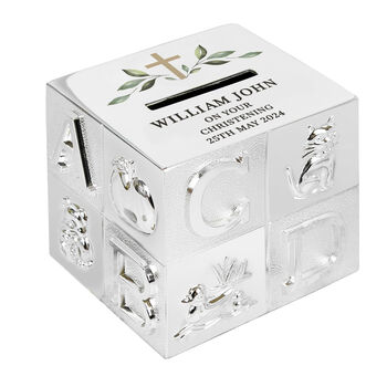 Personalised Religious Cross Abc Money Box – Baby Keepsake For Christening Or New Baby Gift, 4 of 4