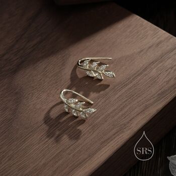 Cz Leaf Mini Crawler Earrings In Sterling Silver, 2 of 10