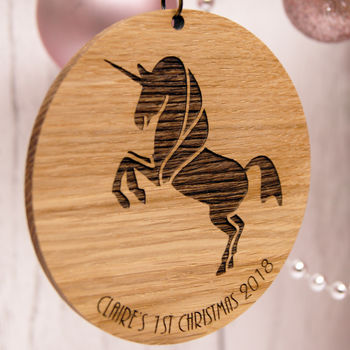 Personalised Wooden Unicorn Baby's First Christmas, 2 of 3